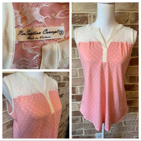 PerSeption Concept Tops - 🎀 🆕Pink with off White Polka Dots Top